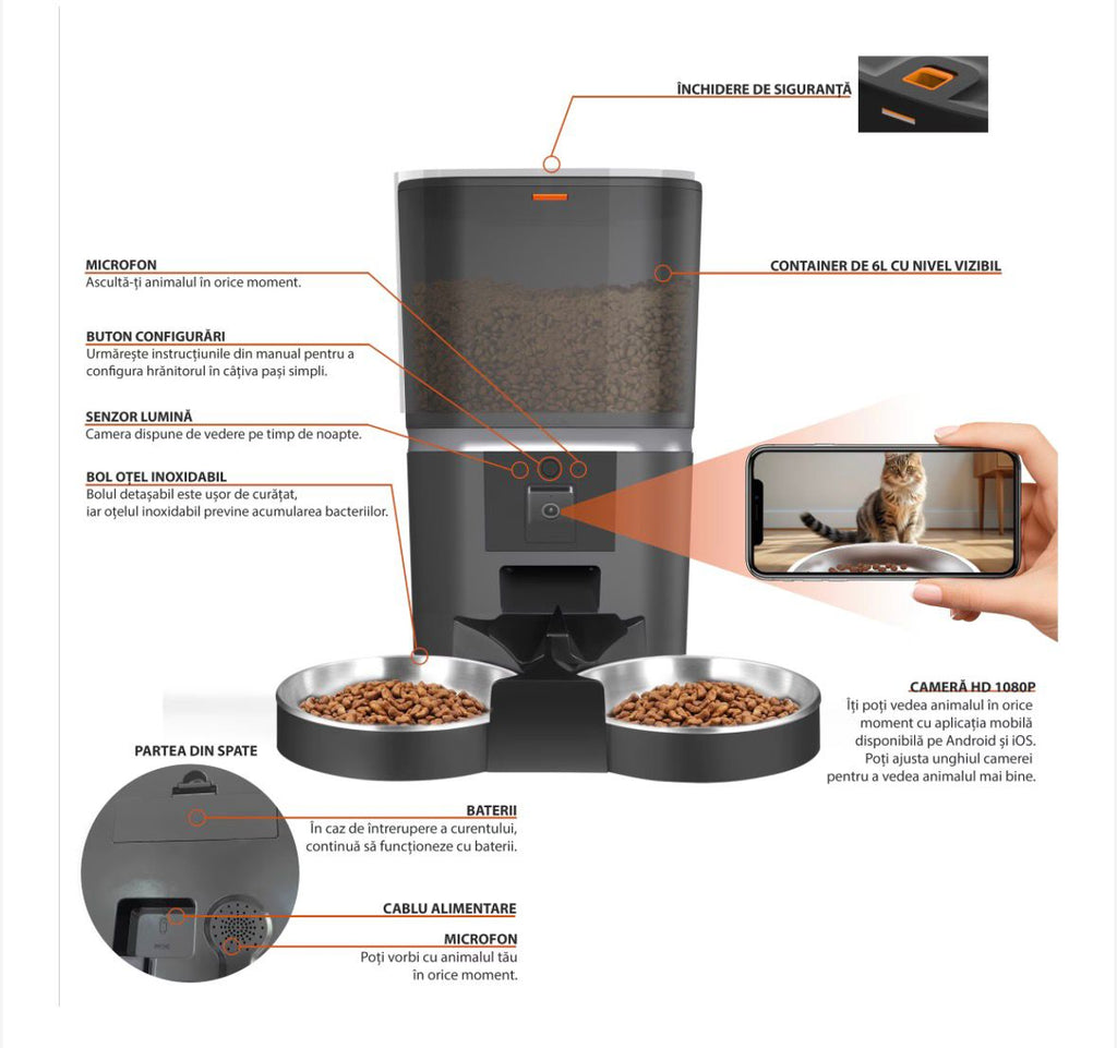 Hrănitor dublu automat pentru câini și pisici, 6L, Wifi camera video full HD