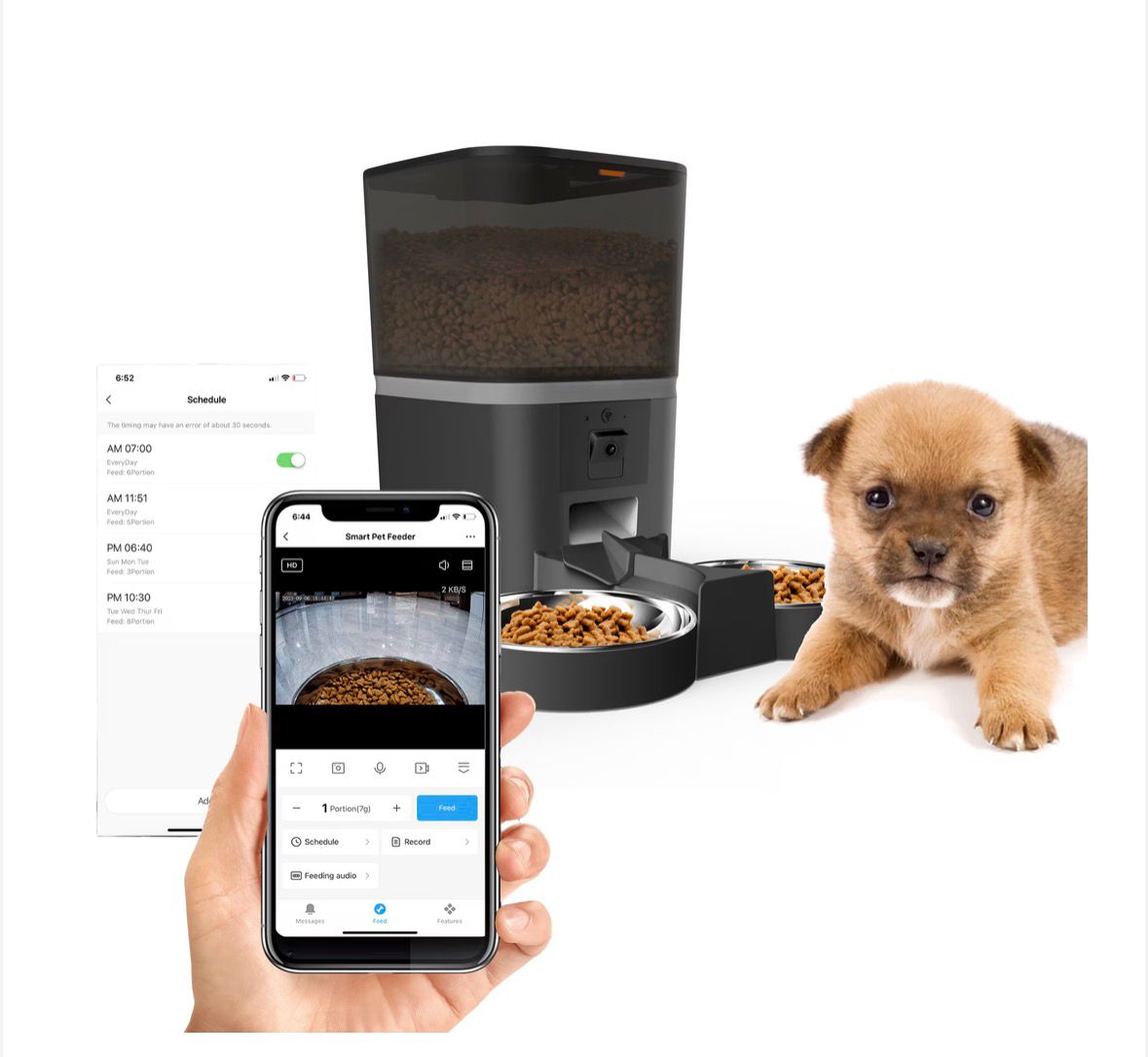 Hrănitor dublu automat pentru câini și pisici, 6L, Wifi camera video full HD