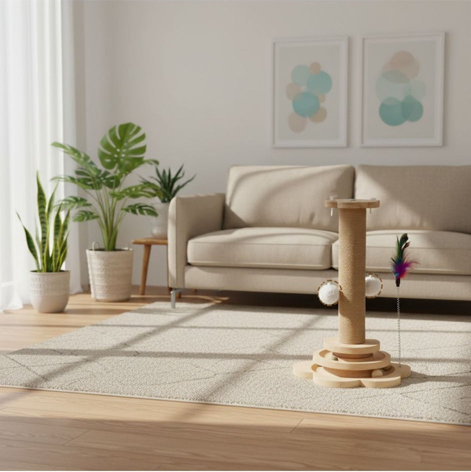 Stalp de zgariat pentru pisici, cu jucarie interactiva, lemn, 24x40cm