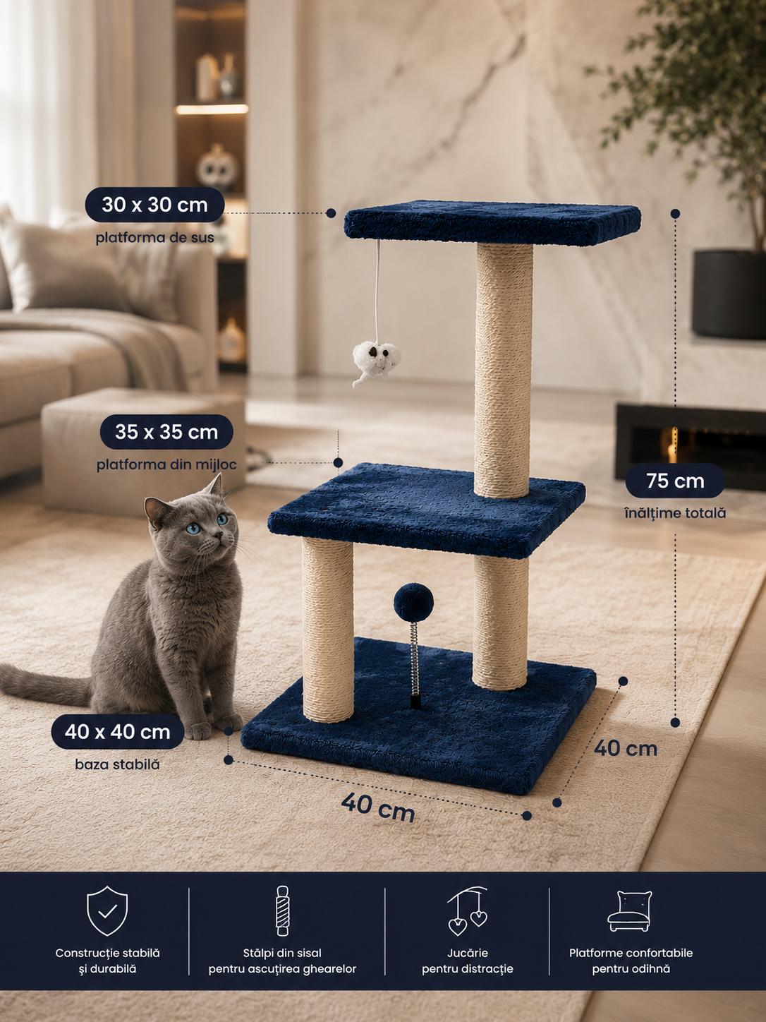 Ansamblu de Joacă pentru Pisici cu Stâlpi din Sisal, 75 cm, 3 Platforme, Jucărie Suspendată, Albastru
