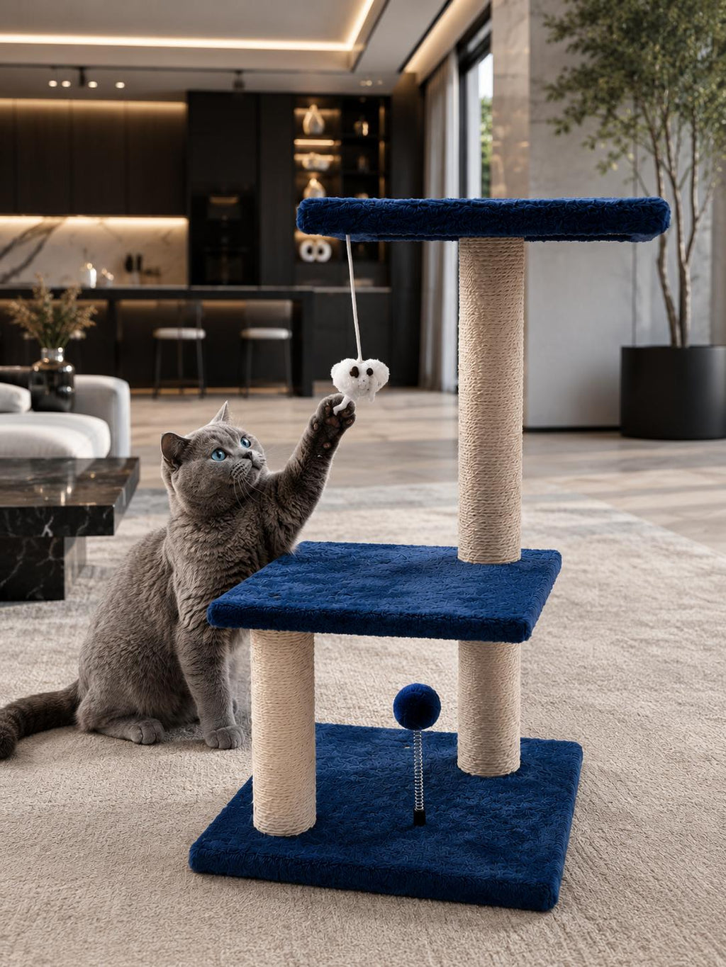 Ansamblu de Joacă pentru Pisici cu Stâlpi din Sisal, 75 cm, 3 Platforme, Jucărie Suspendată, Albastru